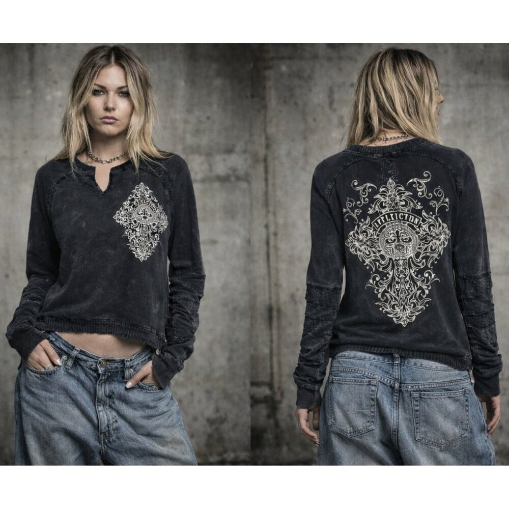Affliction Cross Print Sweatshirt Crochet Panels Acid wash size L Grunge Y2K